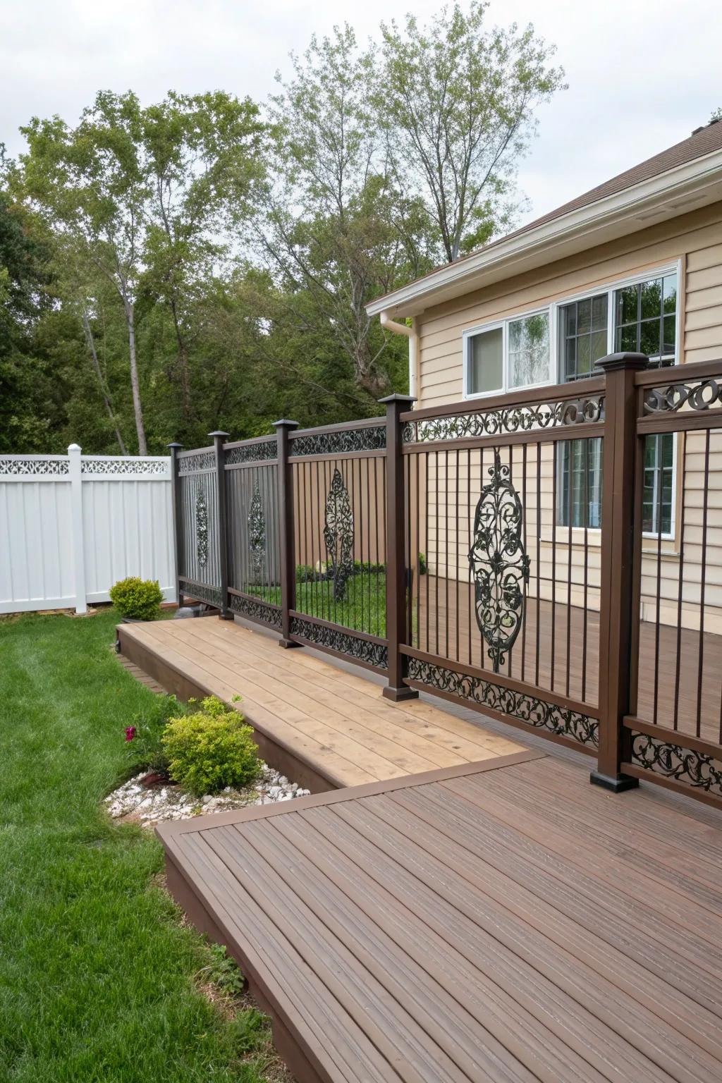 Ornamental metal screens deliver artistry and privacy within this inviting outdoor area.