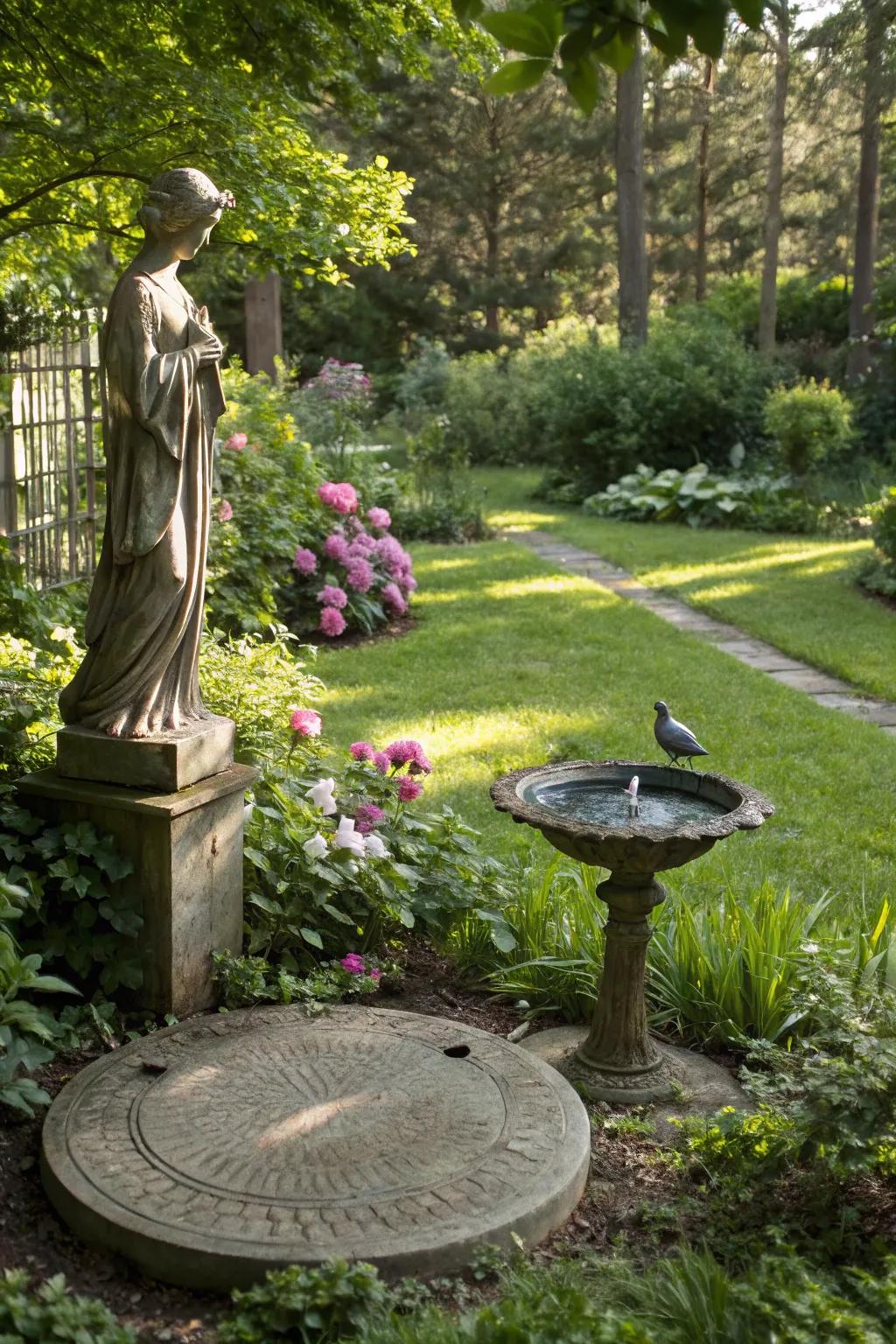Statues and bird baths fashion refined garden features.