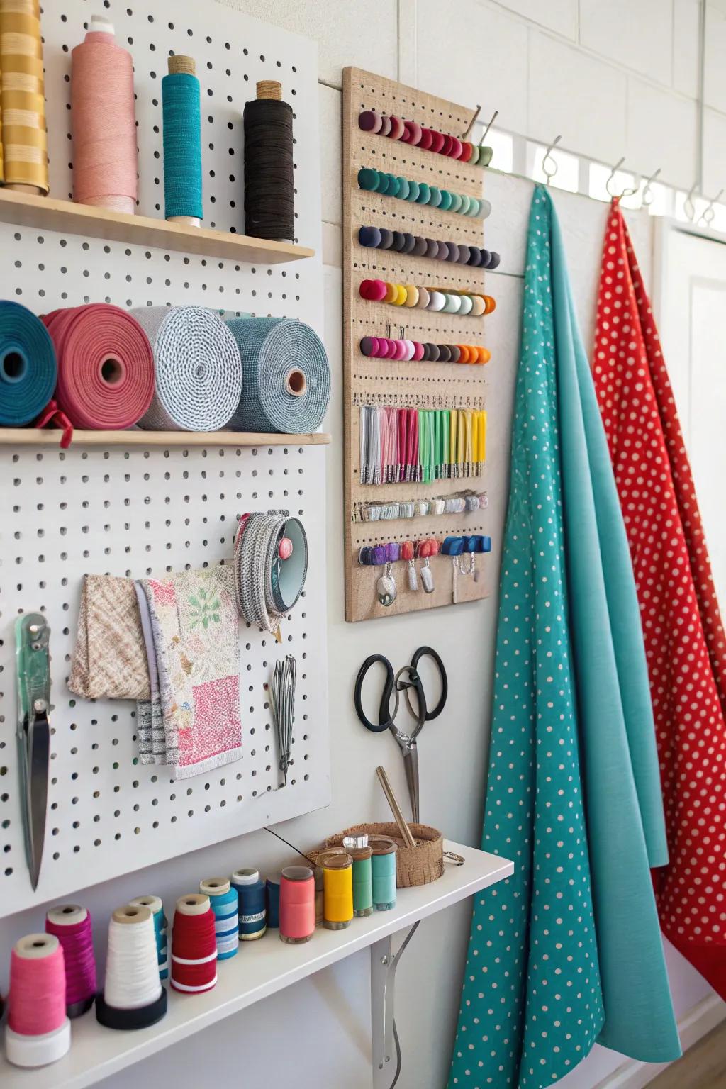 A crafting item wall transforms organization into artwork.