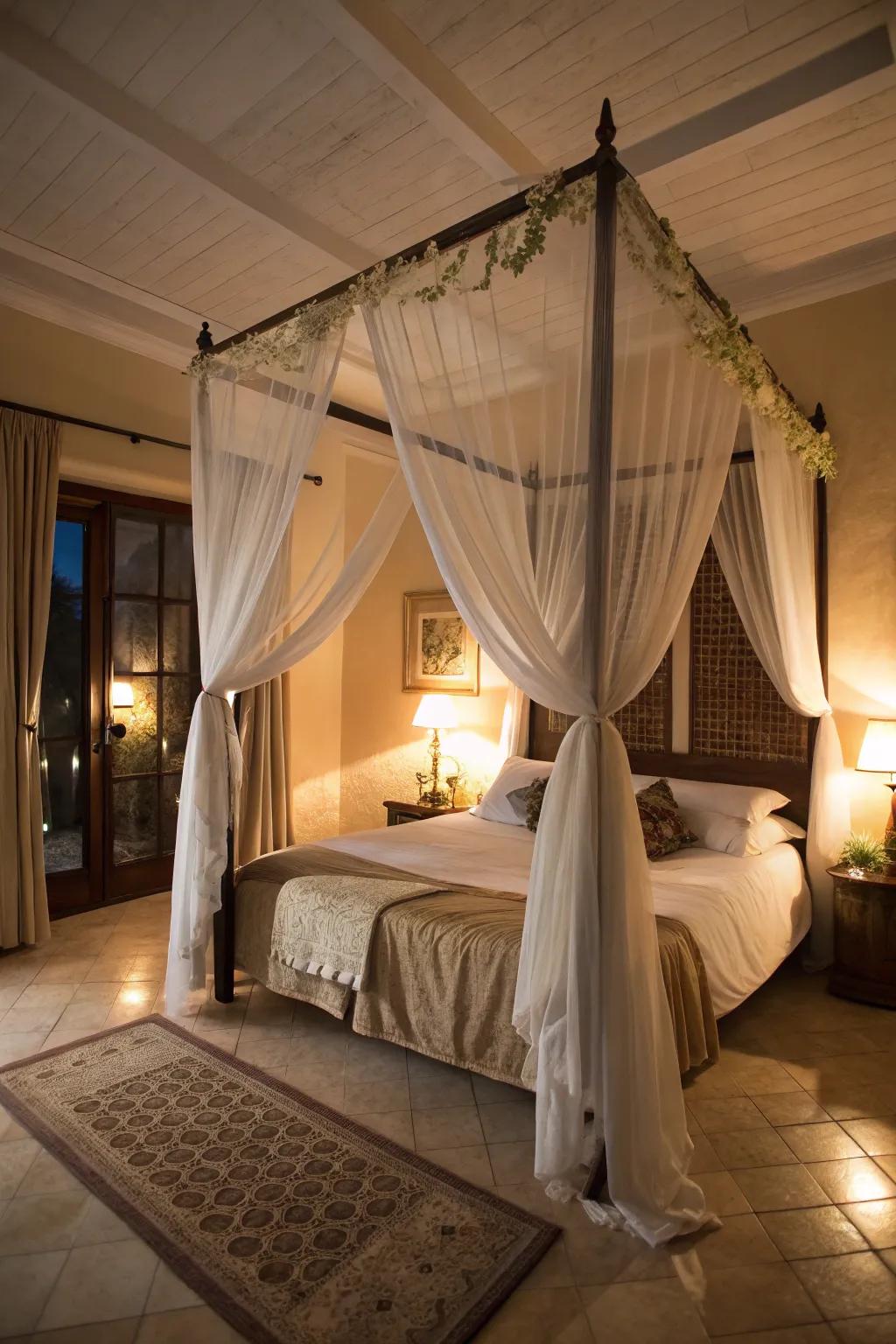 Draped beds bring a romantic charm.
