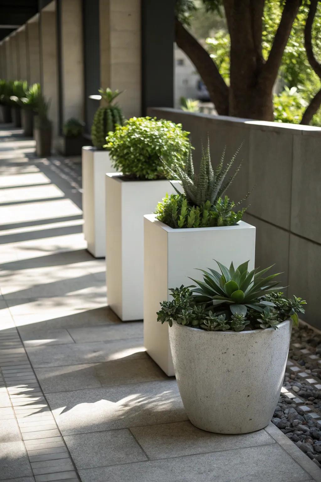 A shaded area featuring contemporary minimalist pots with single-shade plants.