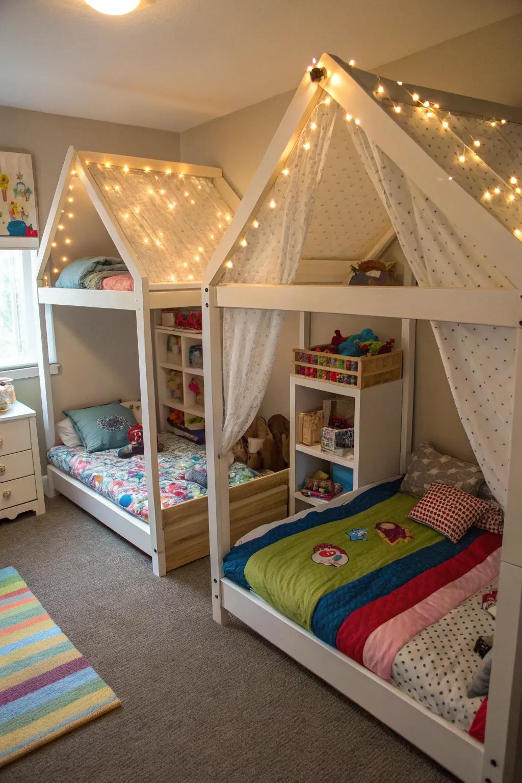 Cottage-style beds offer privacy and charm in shared rooms.