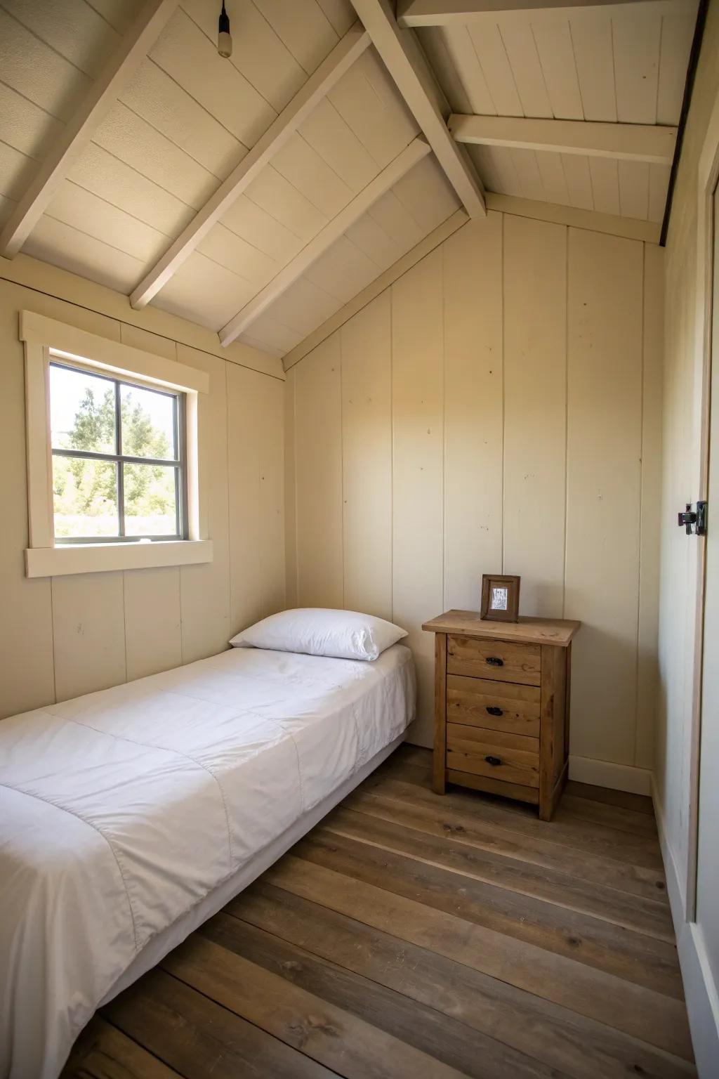 Minimalist design results in a serene and uncluttered shed bedroom.