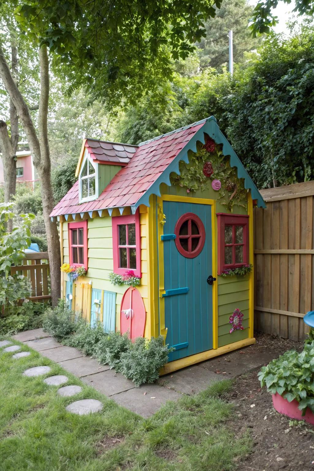 A yard outbuilding designed as a playful playhouse for youngsters.