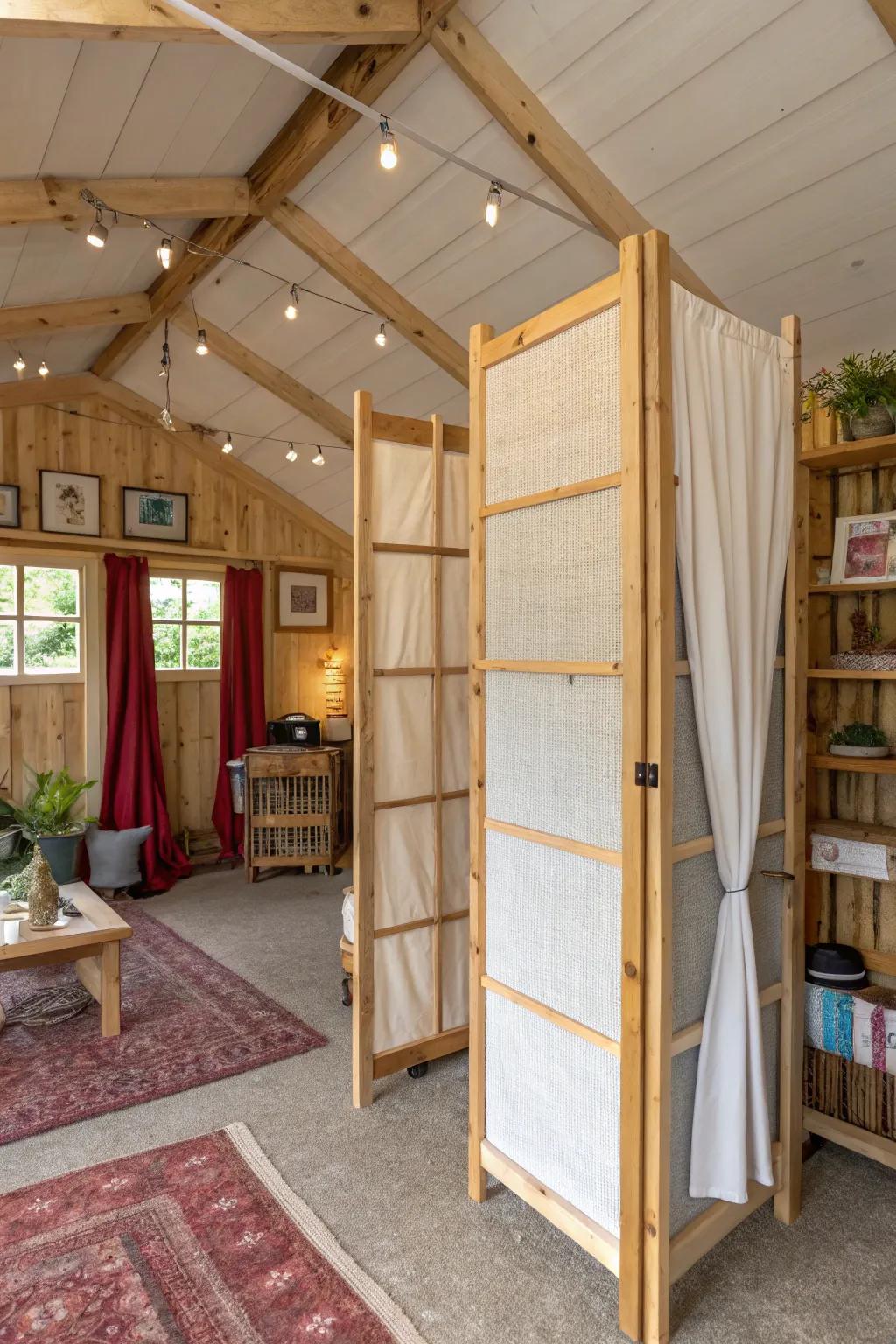 A shed dwelling interior featuring inventive chamber segregators for delineated areas.