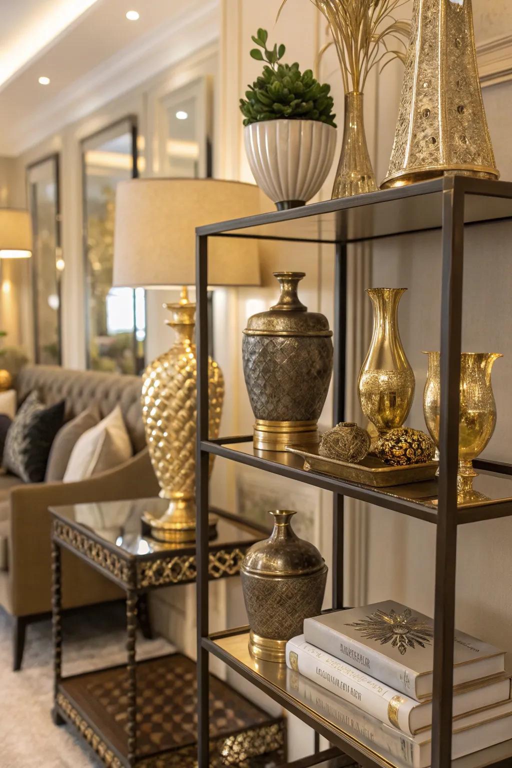 Metallic components append polish and allure to shelves.