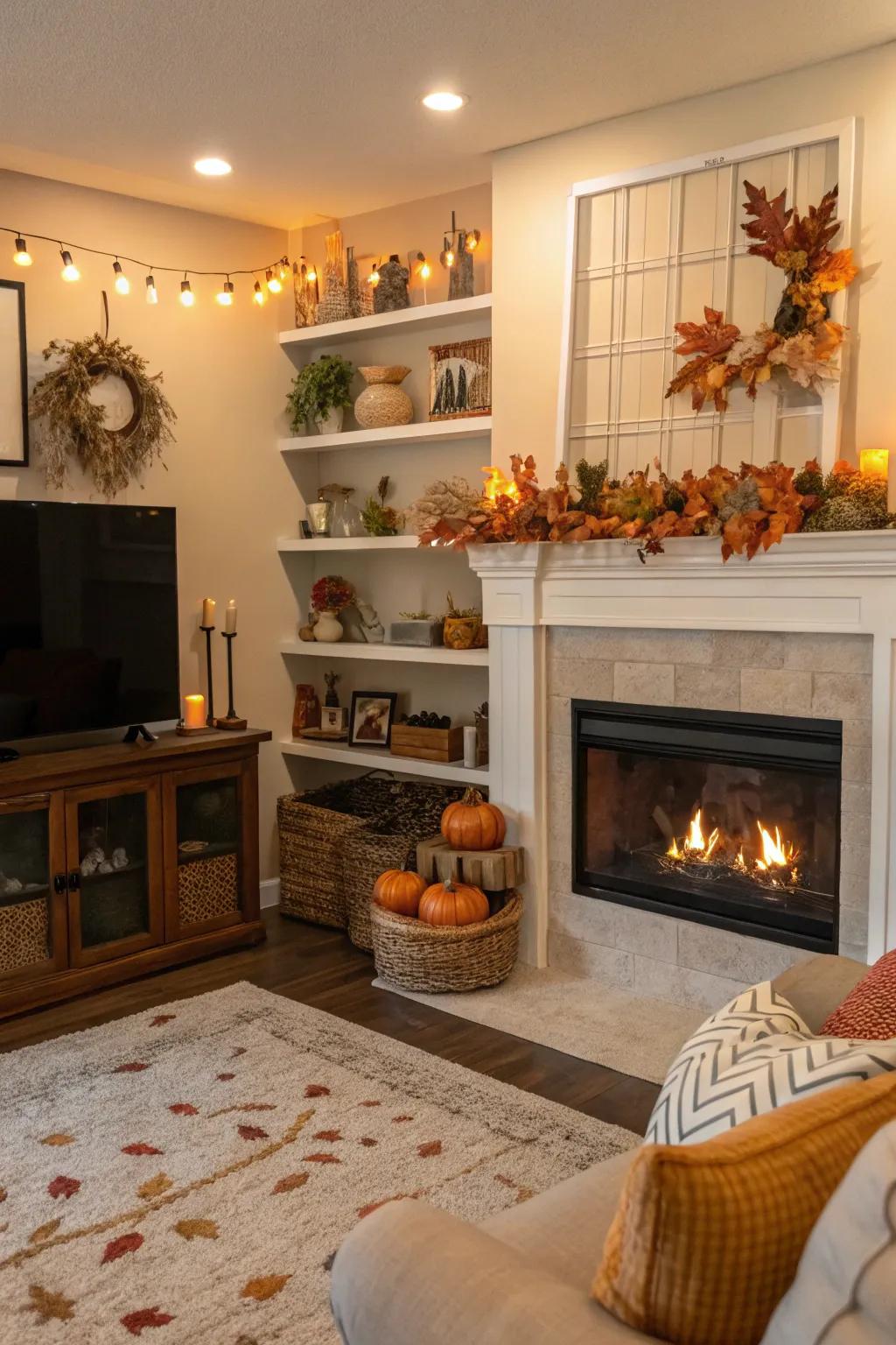 Seasonal decor keeps the shelves feeling fresh and current.
