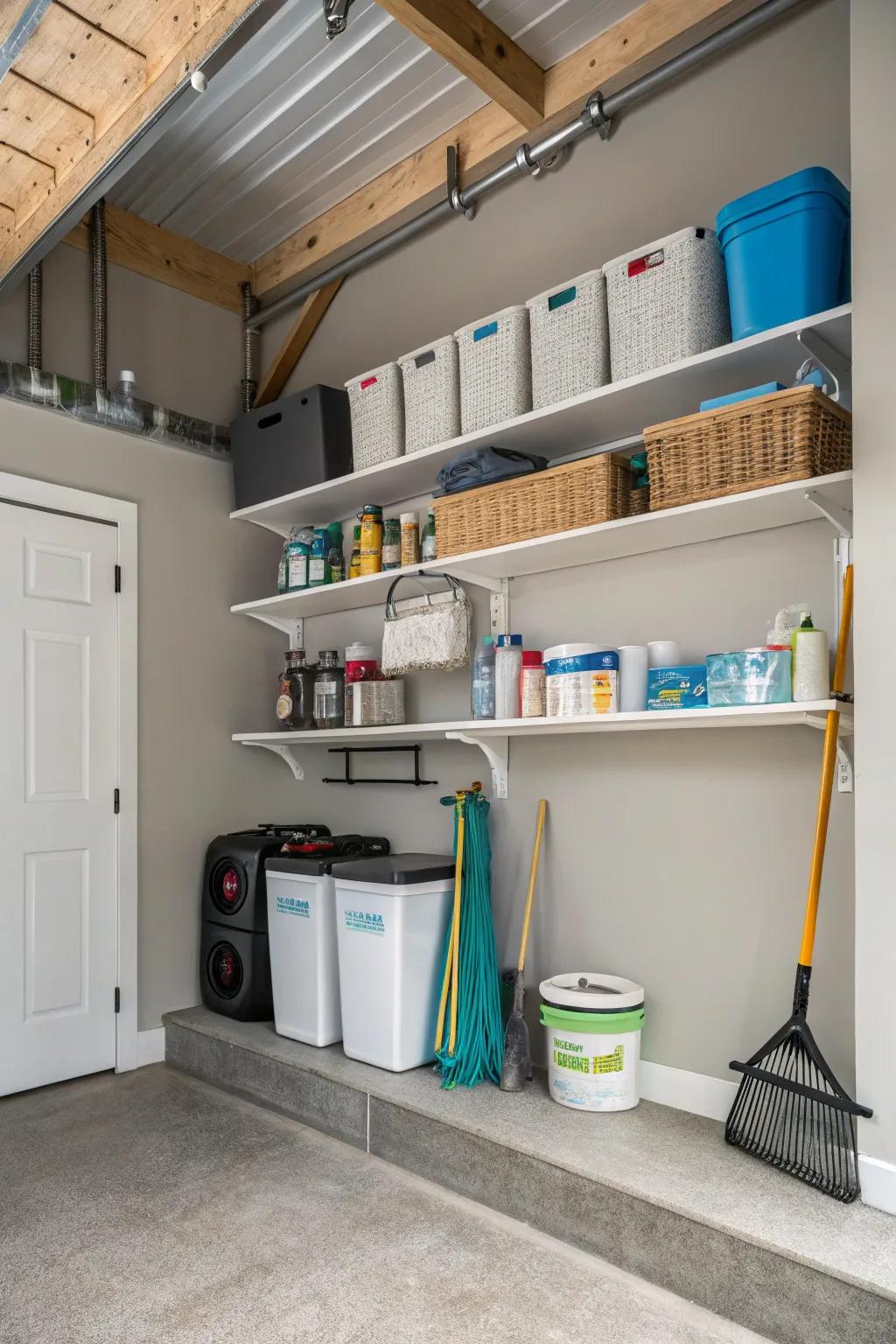 Ceiling-mounted shelves utilize vertical space for additional storage.