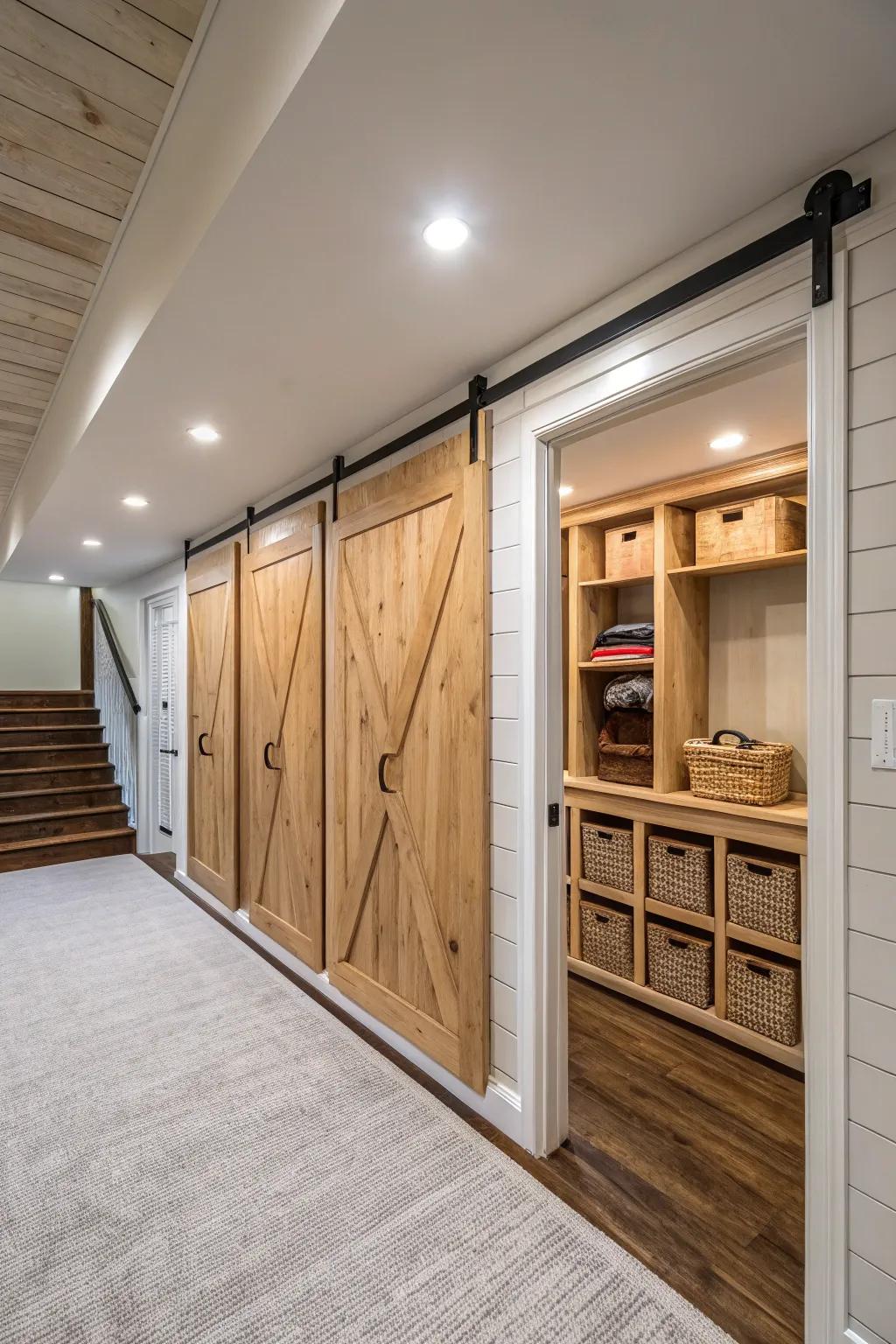 A basement featuring board and batten walls showcasing hidden storage solutions.