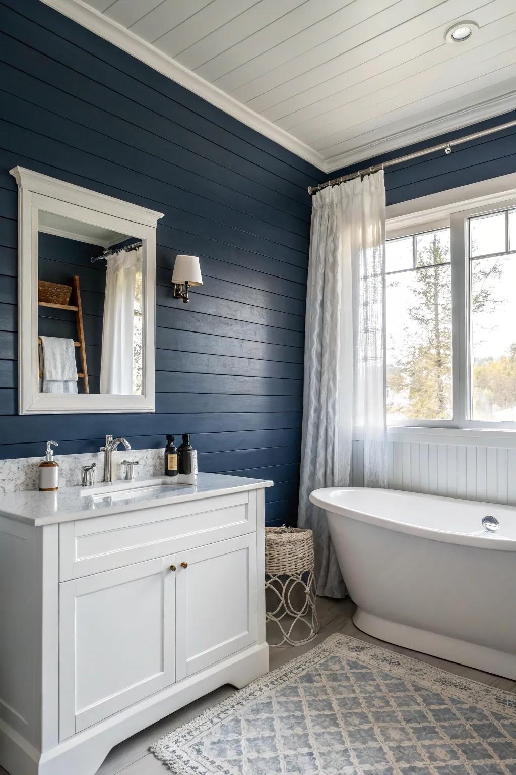A bathroom showcasing deep blue paneling for a bold statement.