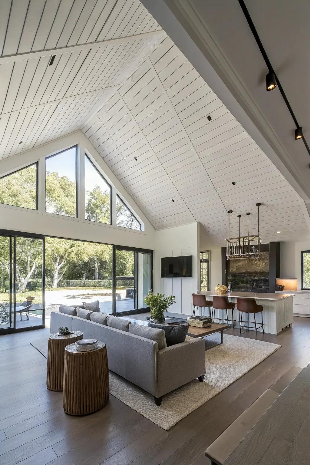 An attention-grabbing angled plank ceiling introducing modern flair.