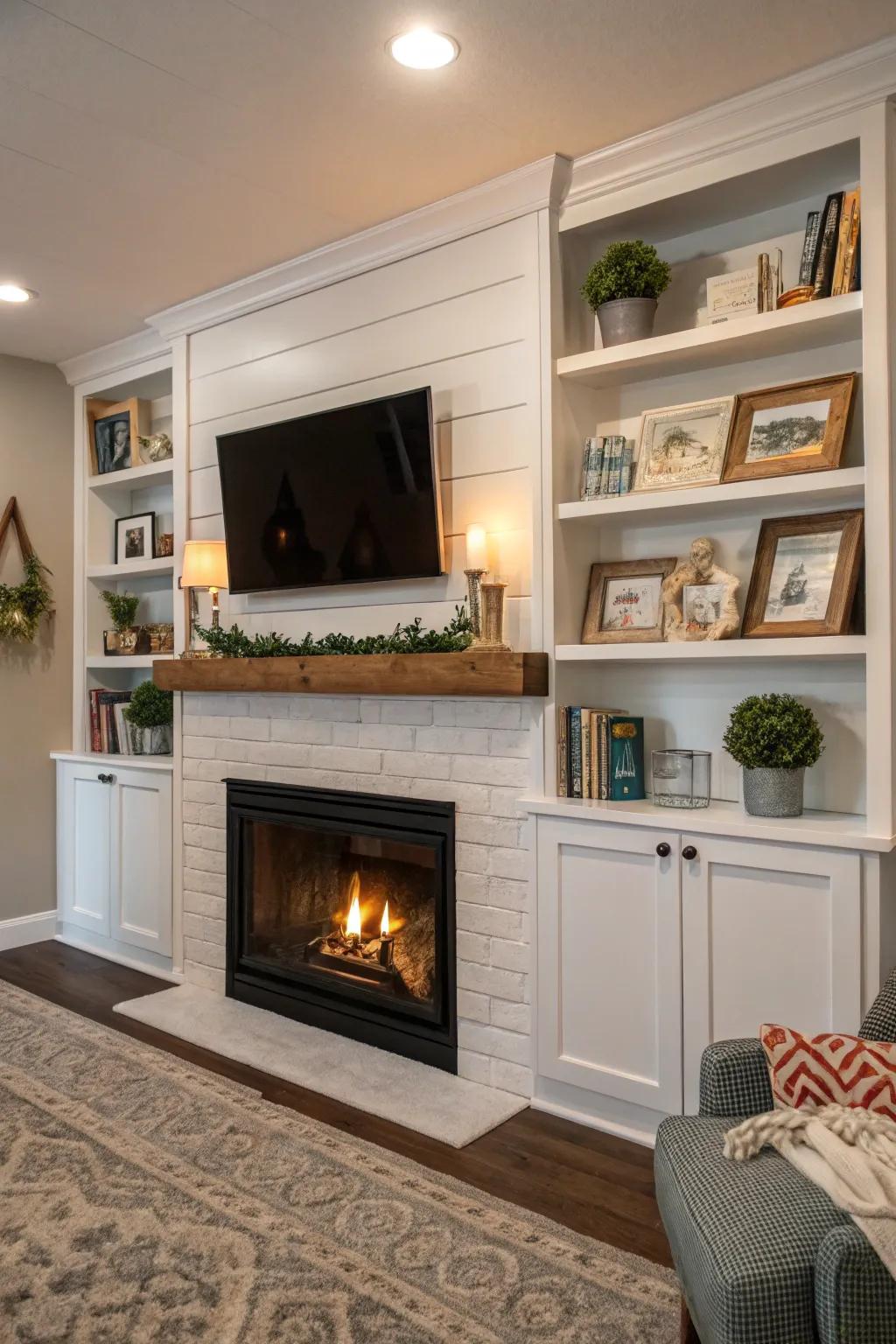 Built-in display areas add usefulness and individualized design to the shiplap fireplace.