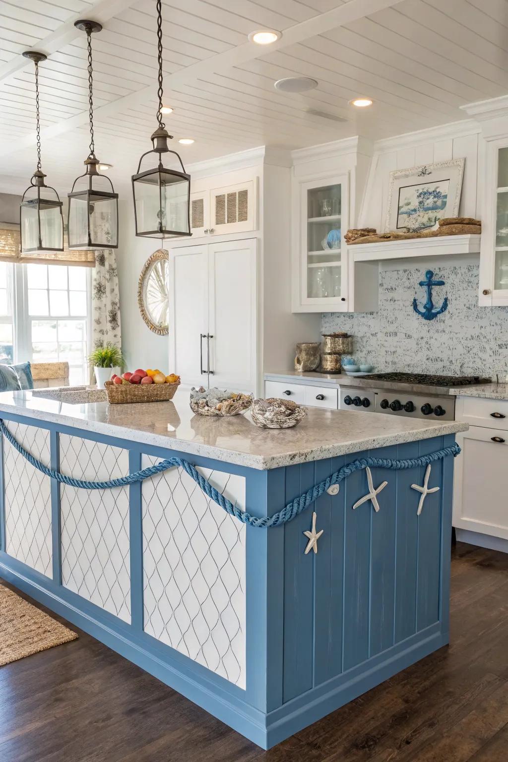 Shoreline vibes with a shiplap island in calming blue tones.