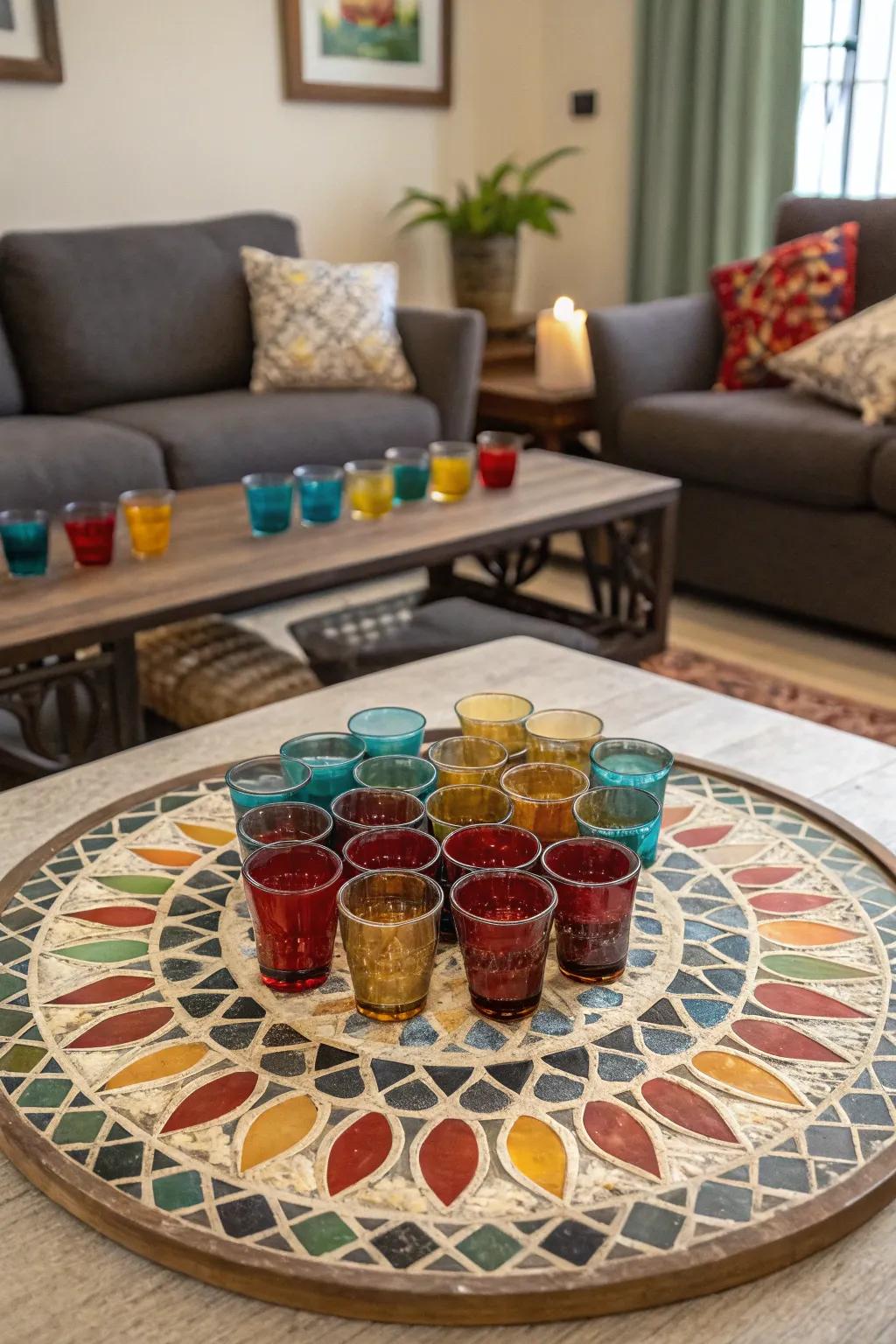 A lounge showcasing a mosaic configuration of commemorative glasses as an artistic centerpiece.