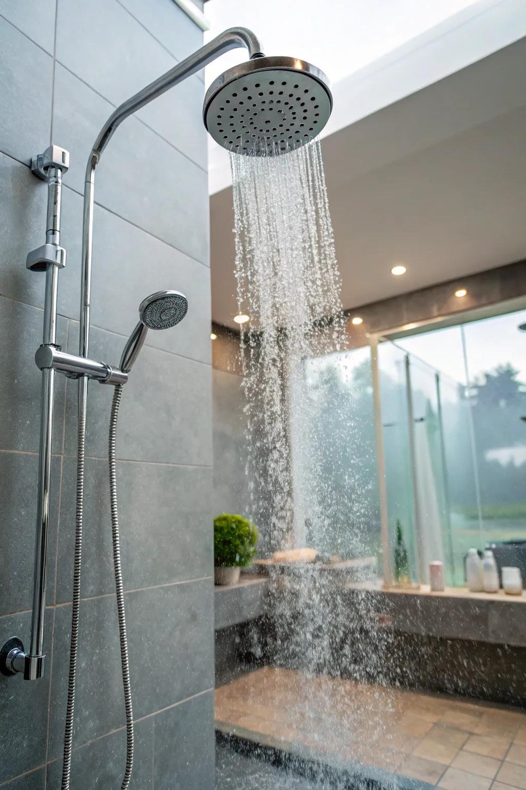 A shower showcasing charming water features such as mini cascades.
