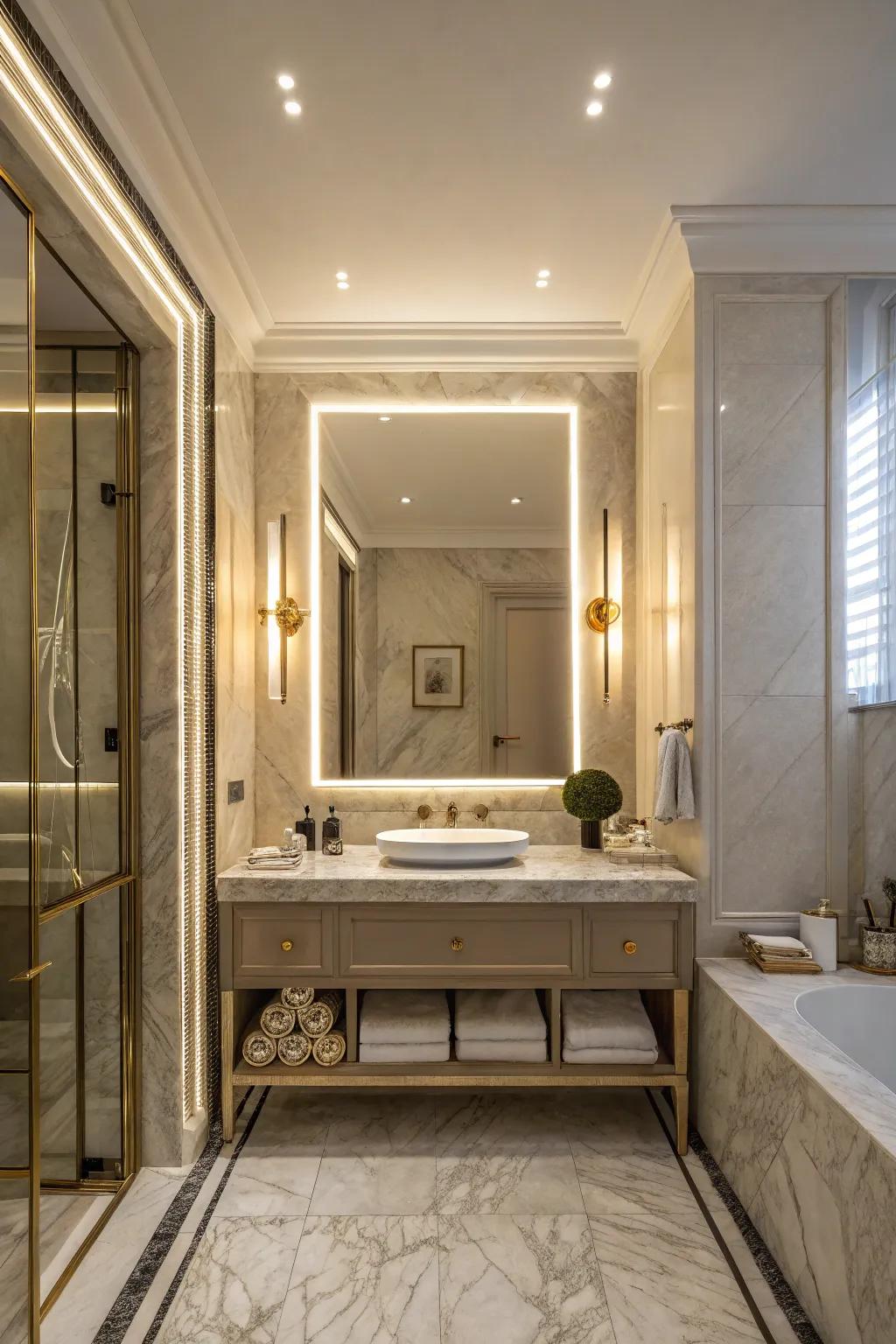 Mirrors that glow from behind give off a soft, ambient light in the shower.