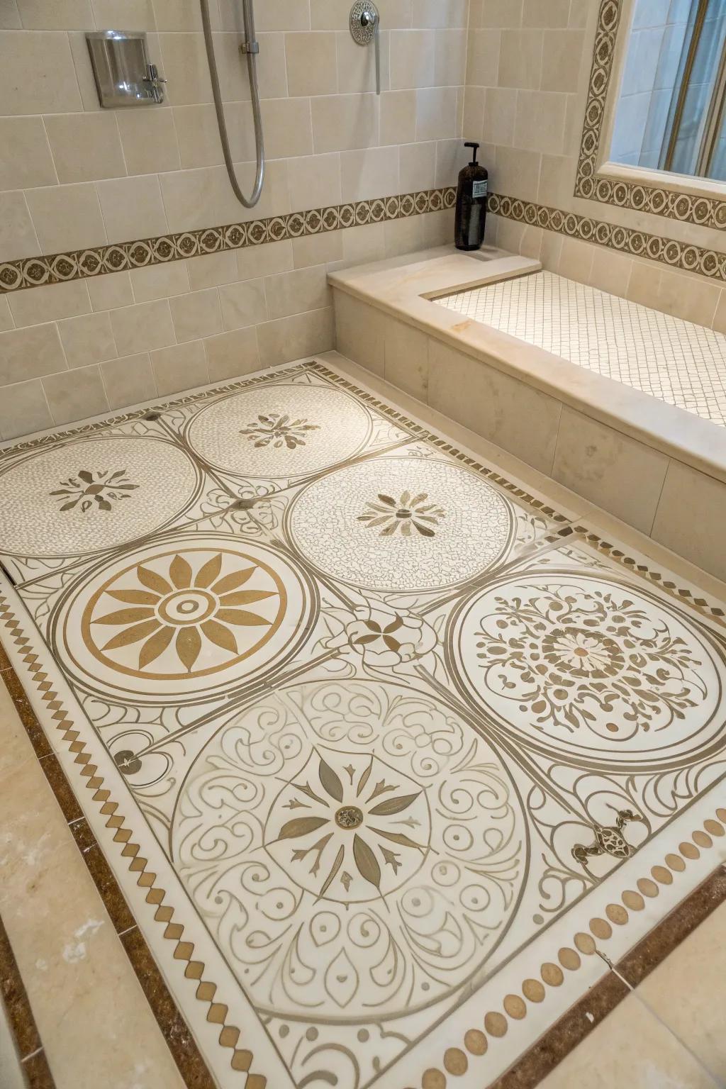 Elaborate waterjet tiling designs fashion an artistic and high-end look on this shower base.
