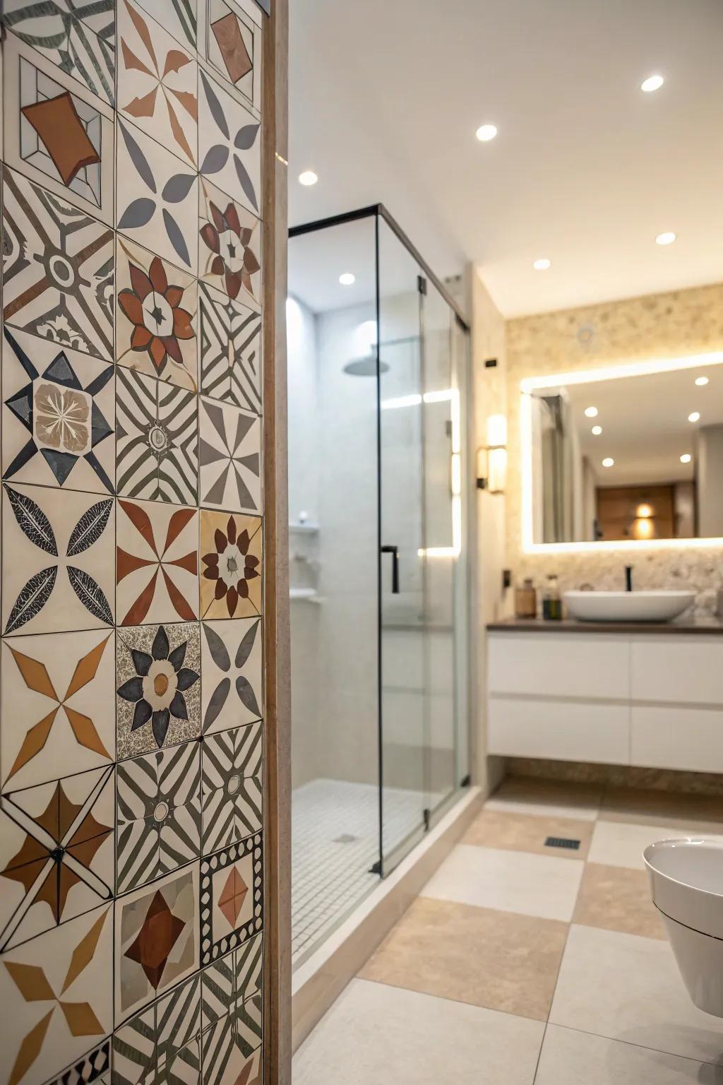 A modern shower room featuring stylish shapes.