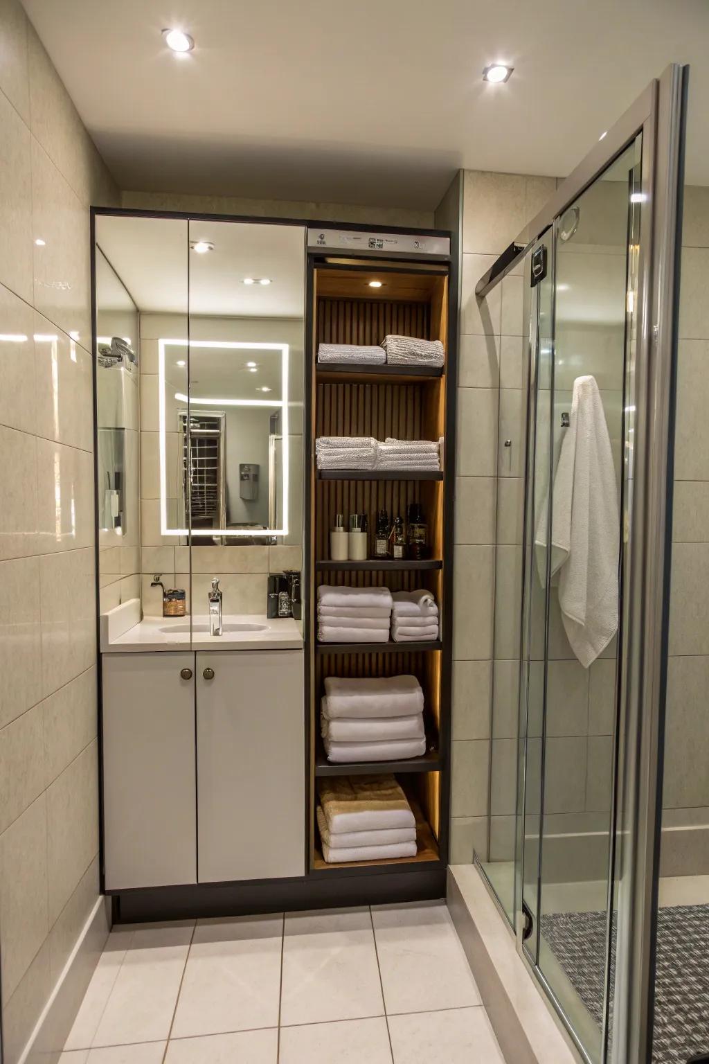 Reflected storage components blend utility with aesthetic allure.