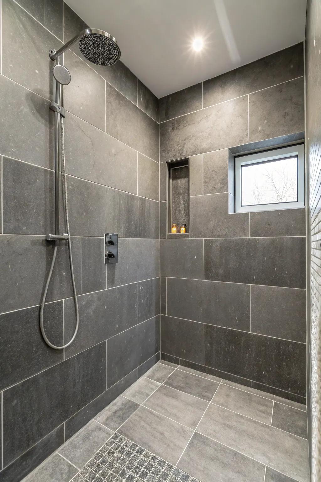 Spacious feel accomplished via expanded format pewter tone facade within a bathing space.