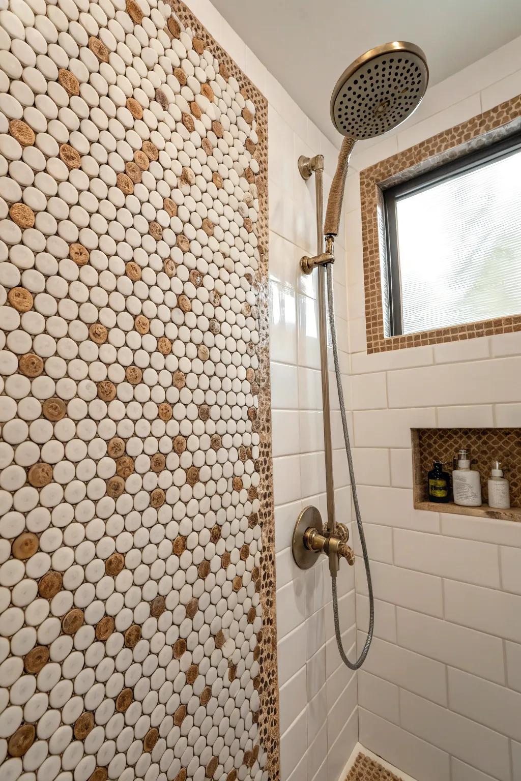 Penny round tiles deliver a playful and captivating design aspect.