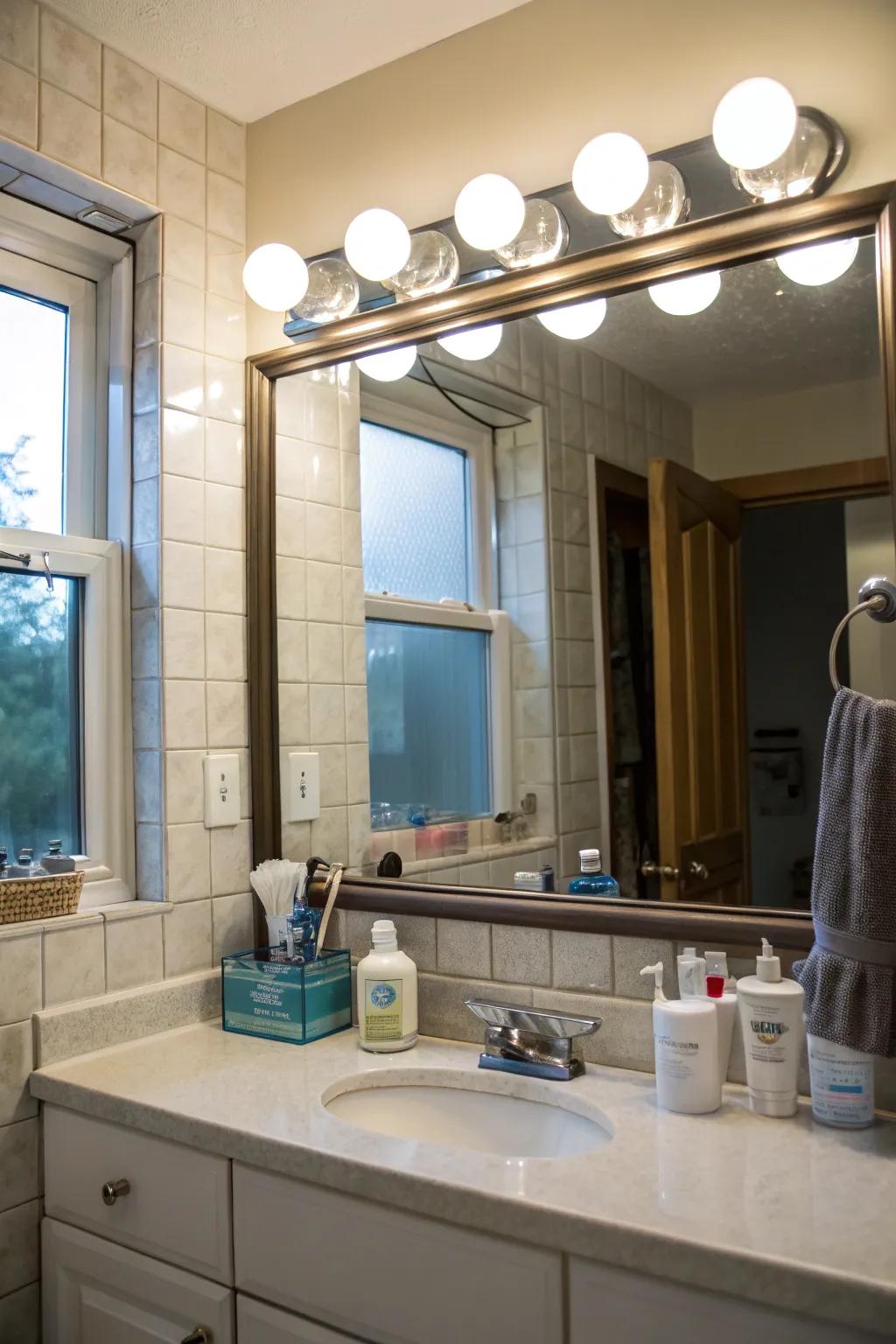 Mirror lights impart refinement and utility to the lavatory.