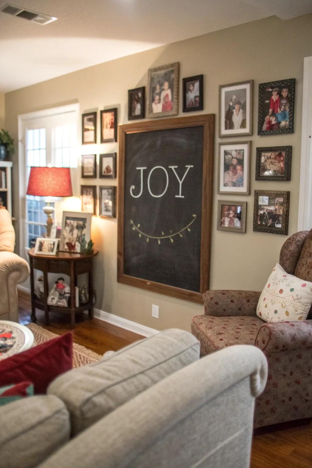 Family room chalkboard featuring a joy-inspired quote.