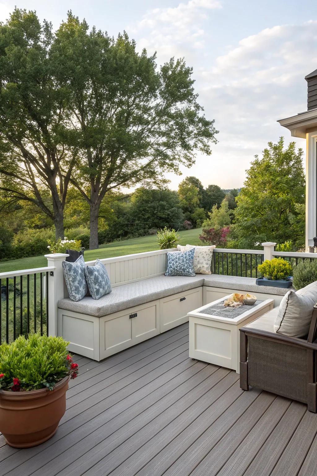 Integrated seating delivers custom design and functional storage.