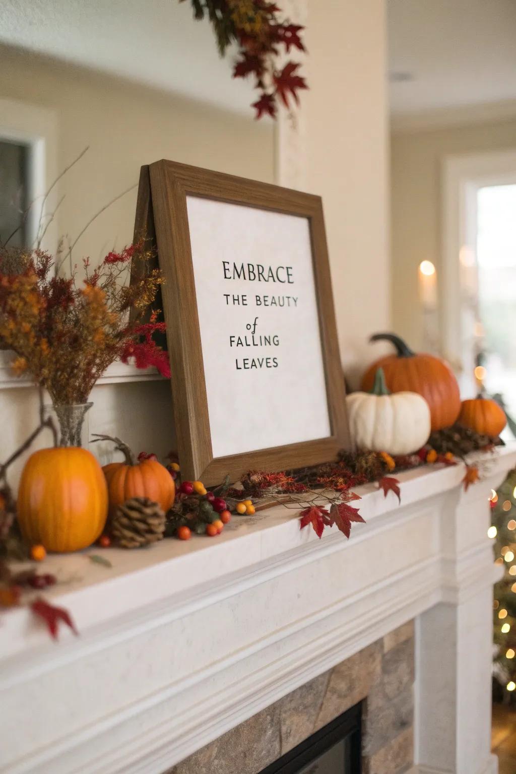 A framed seasonal citation imparting individuality to the mantel.
