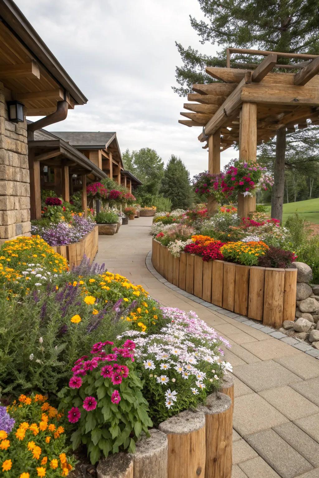Ligneous accents contribute arcadian charm and warmth to this flower bed.