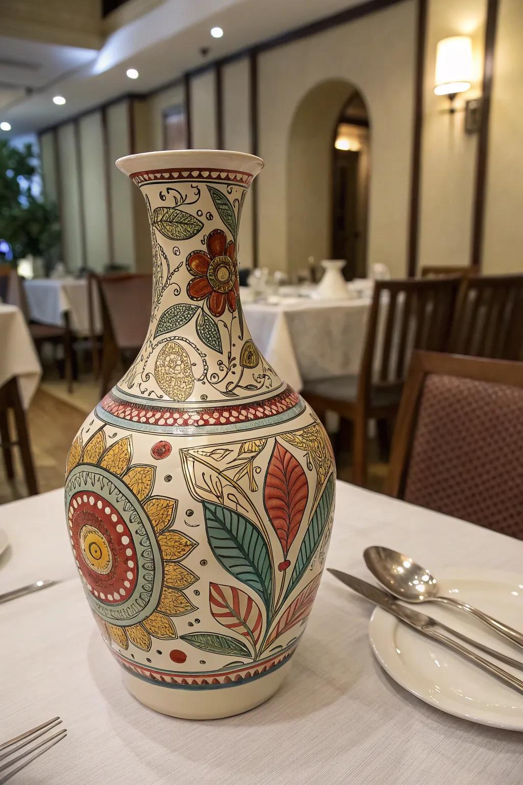 A hand-pigmented fractal design transforms a simple ceramic vase into art.