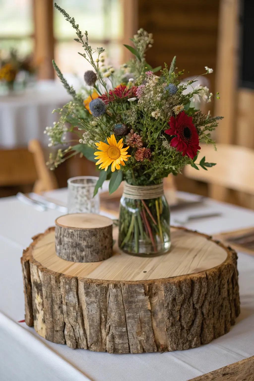 Rustic timber elements bestowing a natural nuance upon the table.