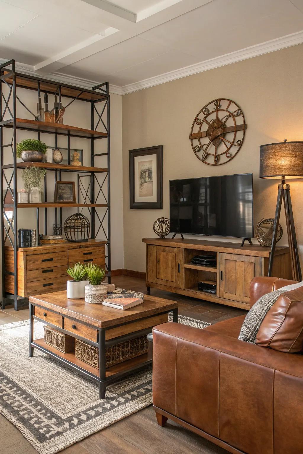 Combining materials like wood and metal adds depth to the living space.