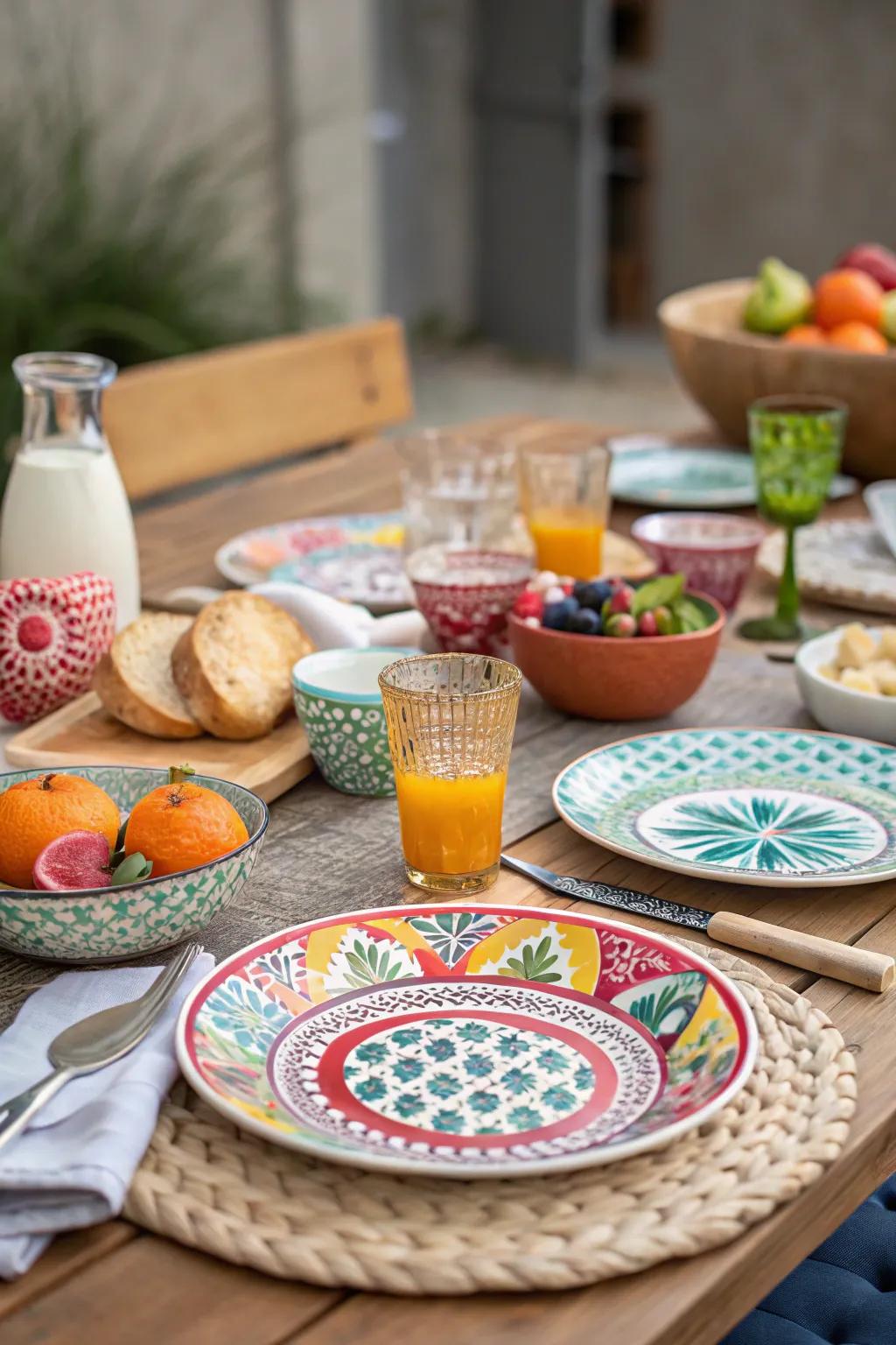 For a fun design, mix and match dinnerware.