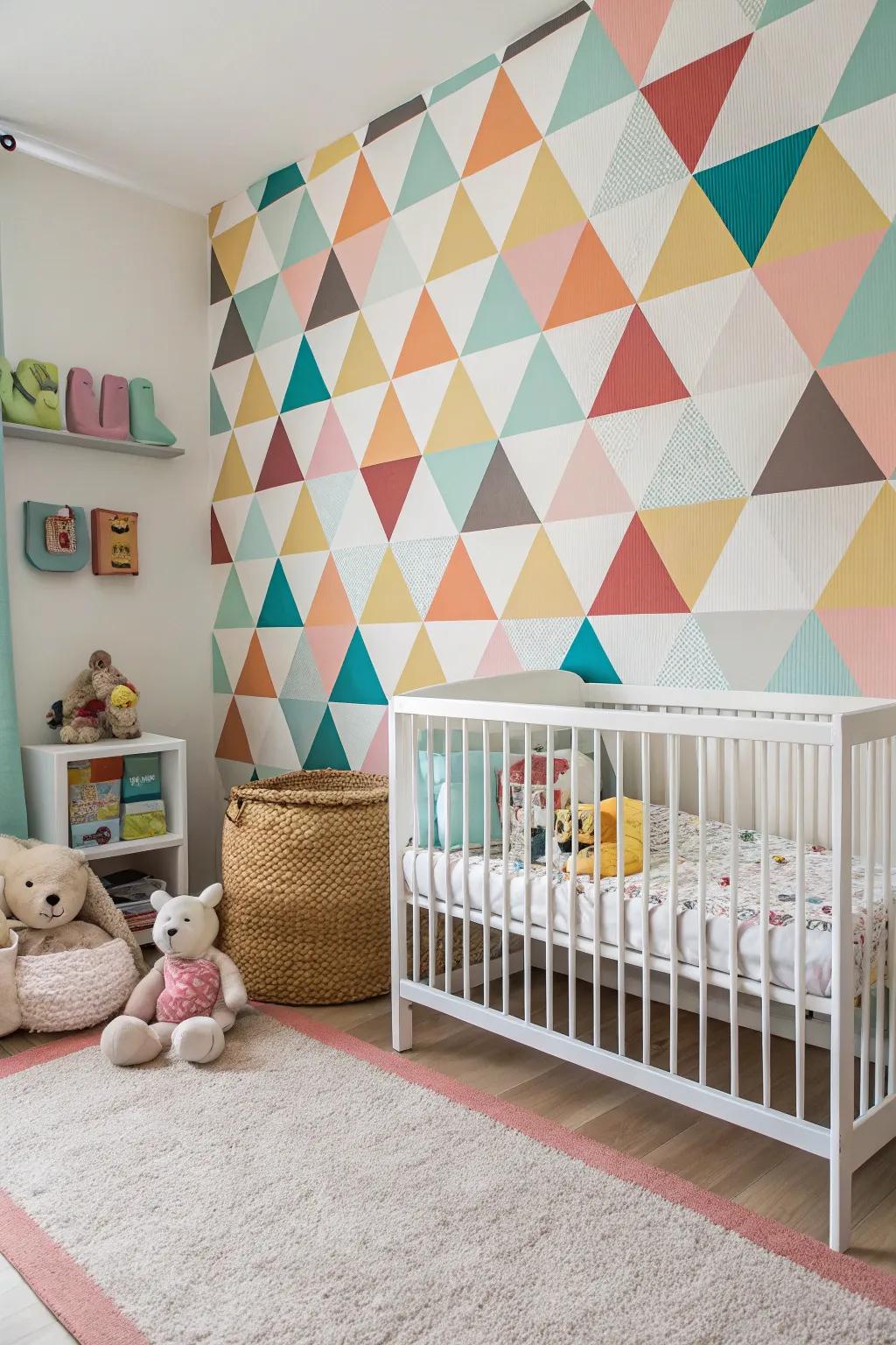 A statement wall boasting geometric patterns imparts visual fascination.