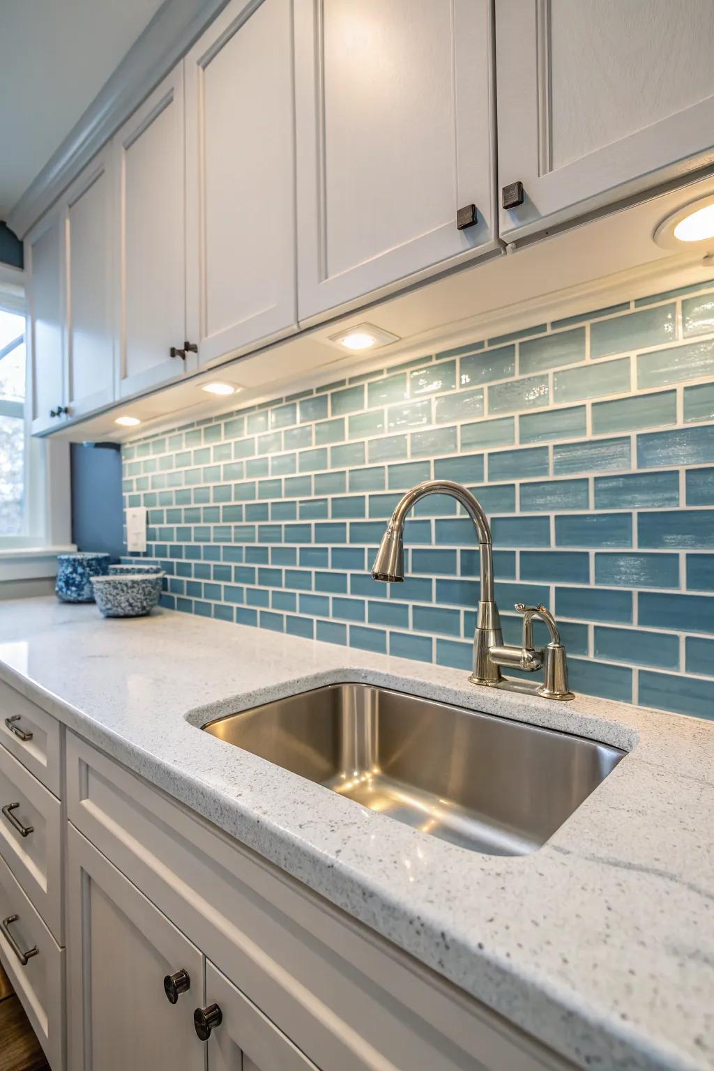 Elegant crystal tiles contribute a contemporary touch and reflect light beautifully.