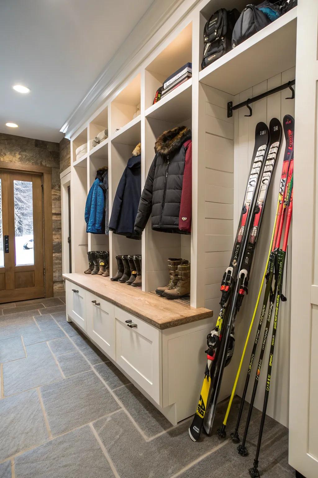 Bench storage keeps skis tucked away yet quickly accessible.