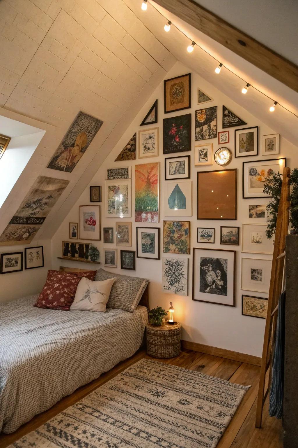 In an attic bedroom, a gallery wall brings personal flair.
