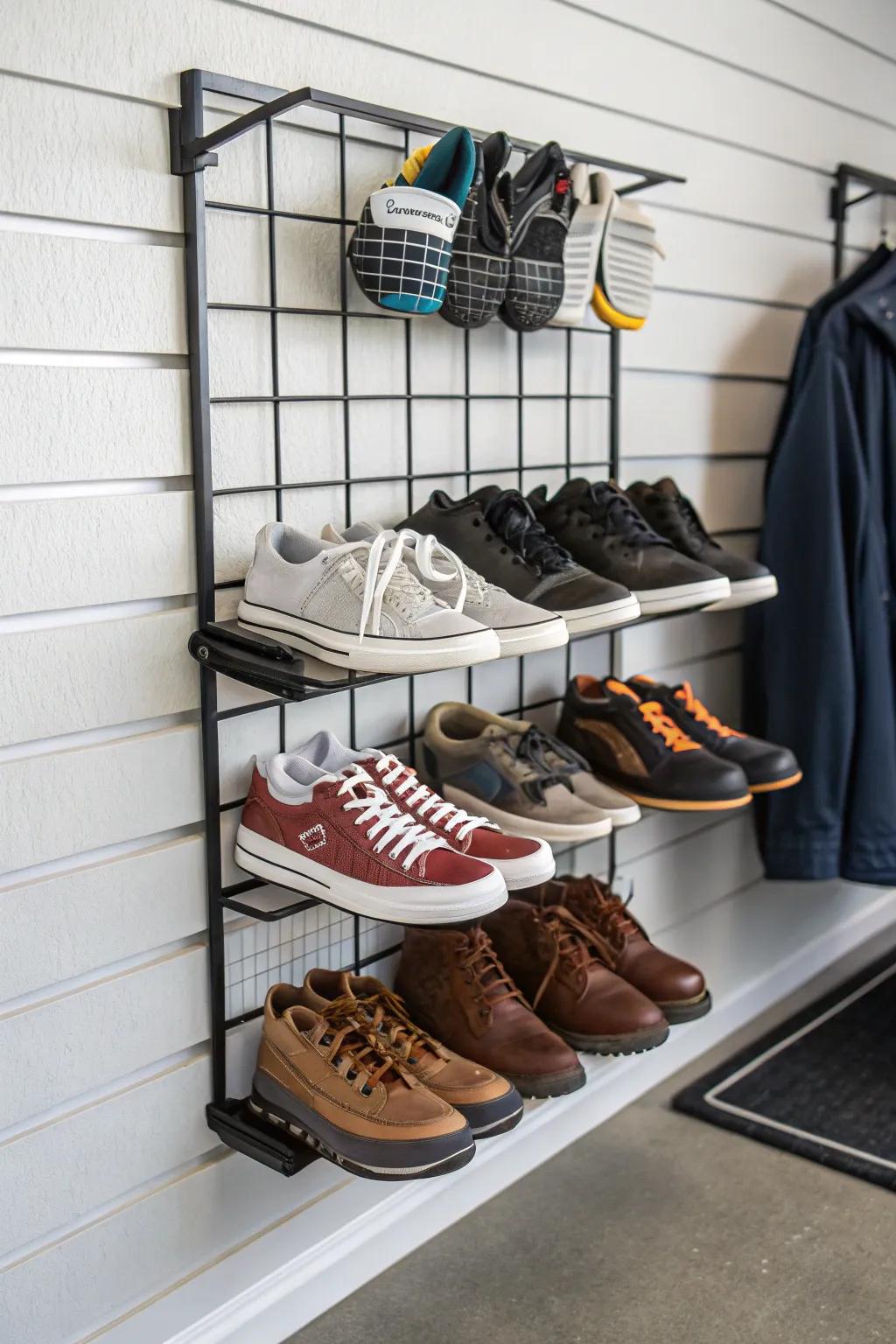A slatwall shoe rack keeps muddy shoes arranged and off the floor.