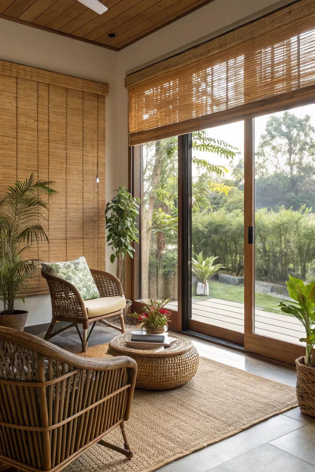 Reed blinds introduce an organic and environmentally conscious atmosphere.
