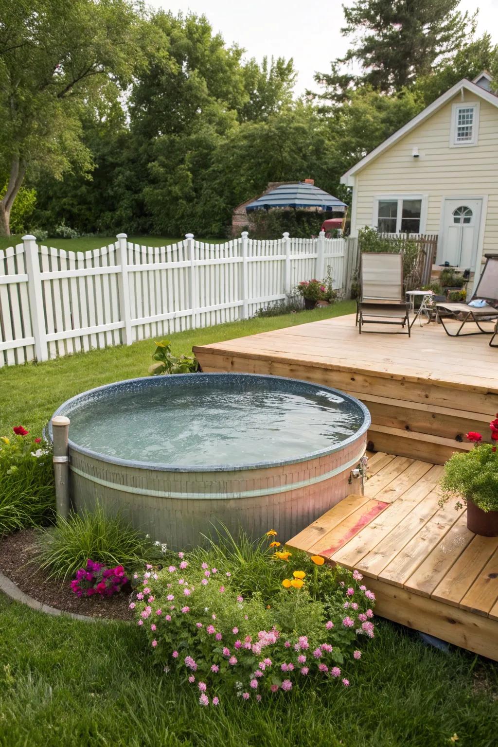 A chic stock tank pool offering budget-friendly charm.