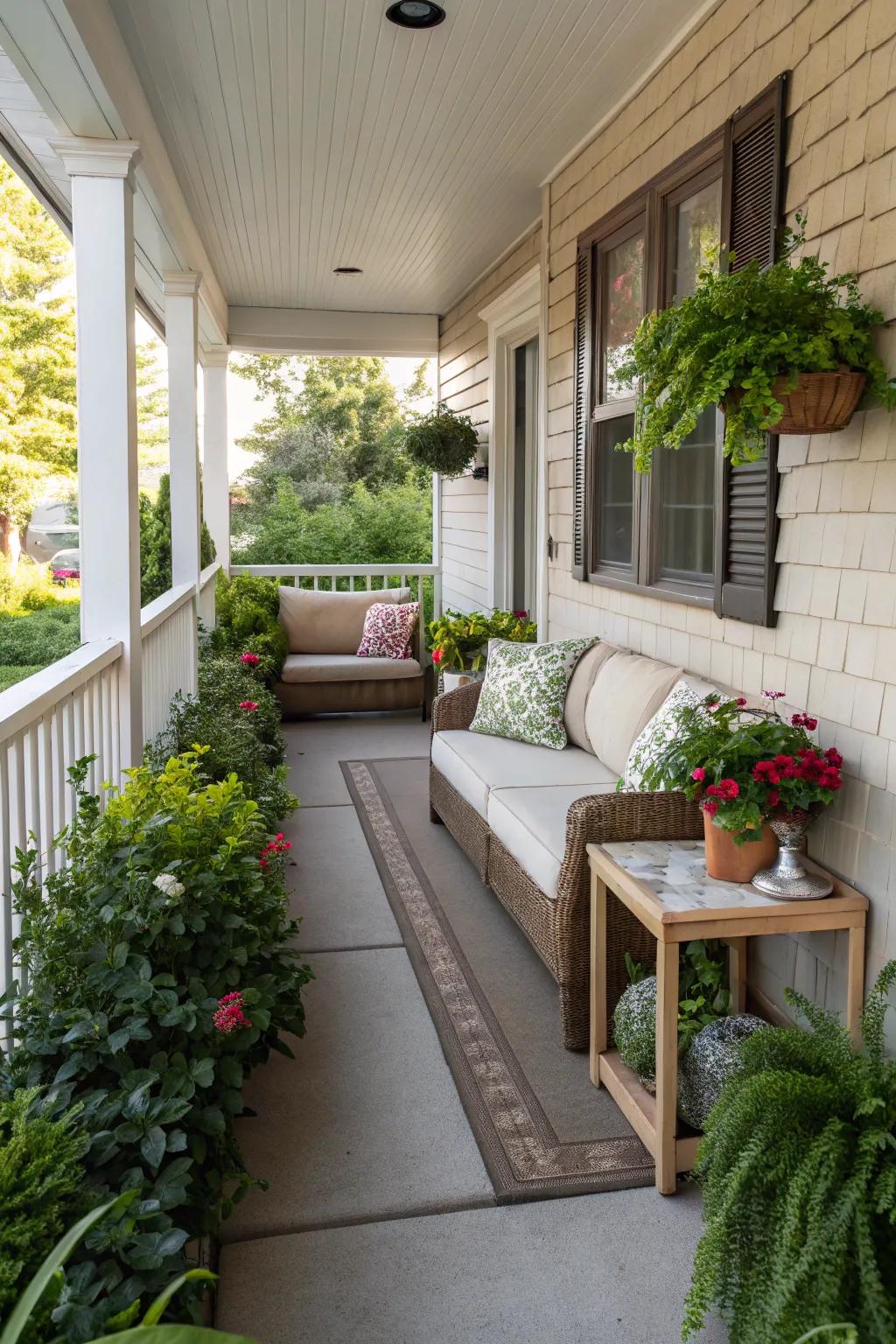 Zoning a modest porch for seating and greenery maximizes its utility.
