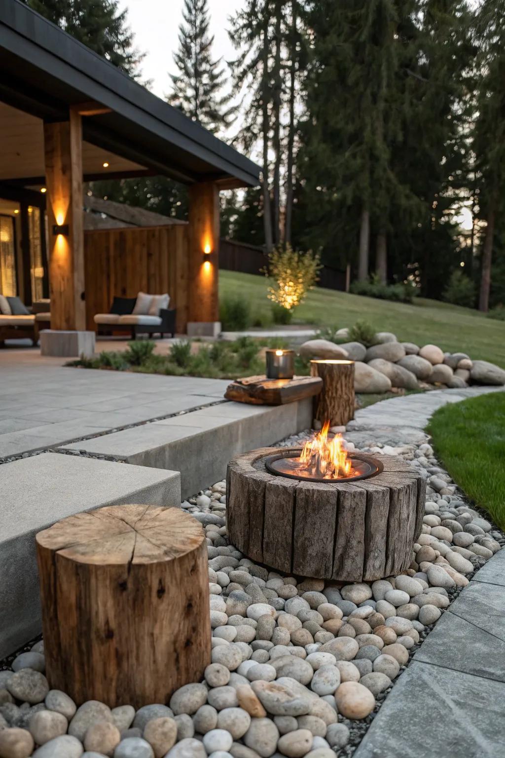 A mix of stone and timber materials crafts a balanced and fashionable fire pit zone.