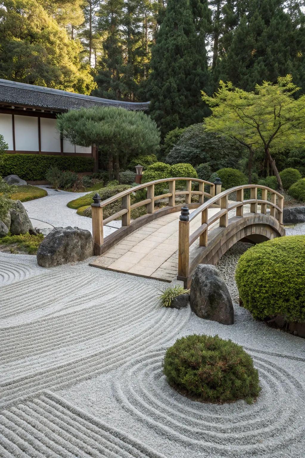 A zen garden features a small timber crossing over a gravel path, enhancing its charm.