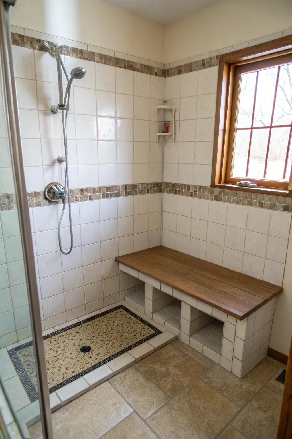 A built-in seat adds function and style to a small bathroom.