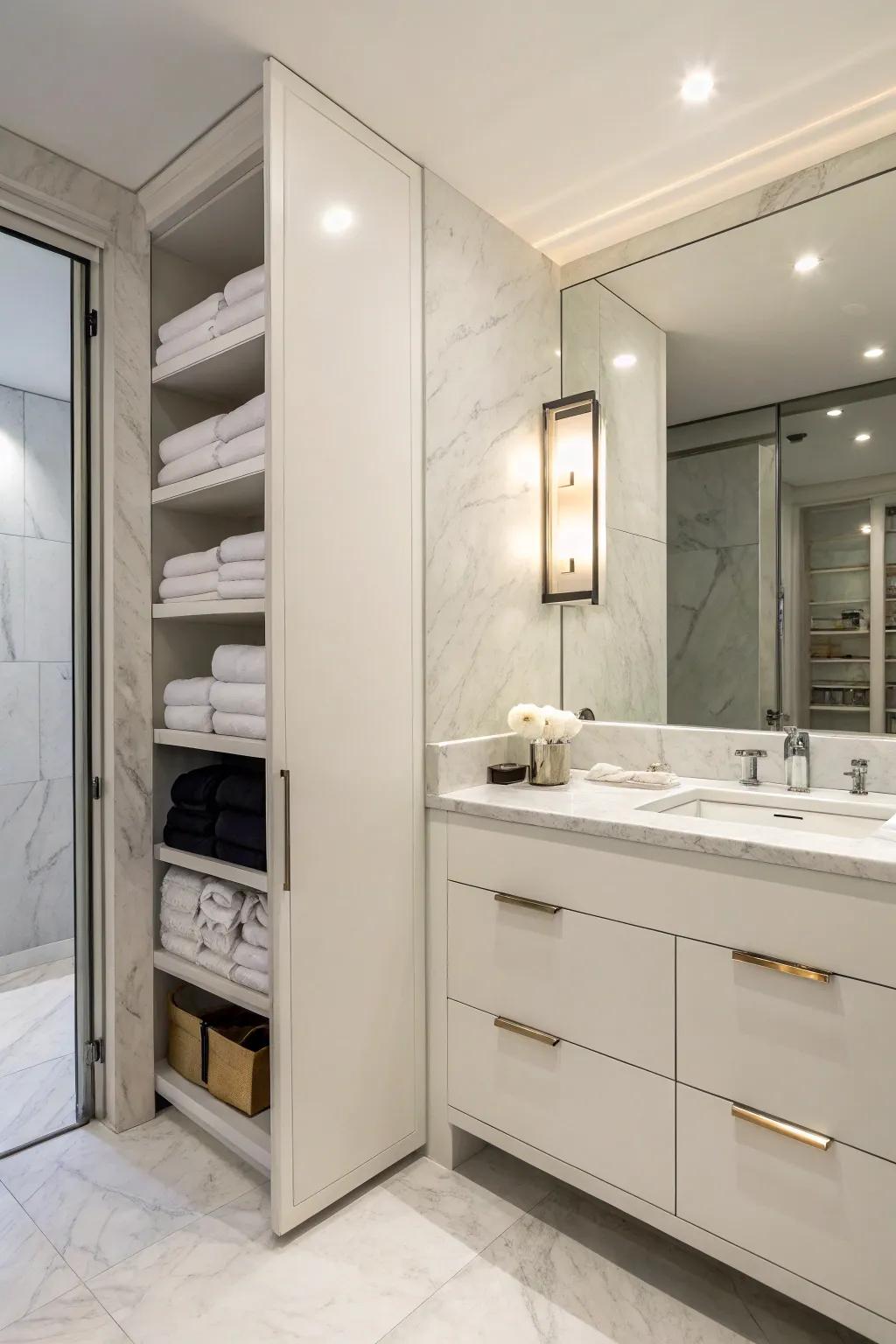 Keep towels stored secretly with hidden cabinets.