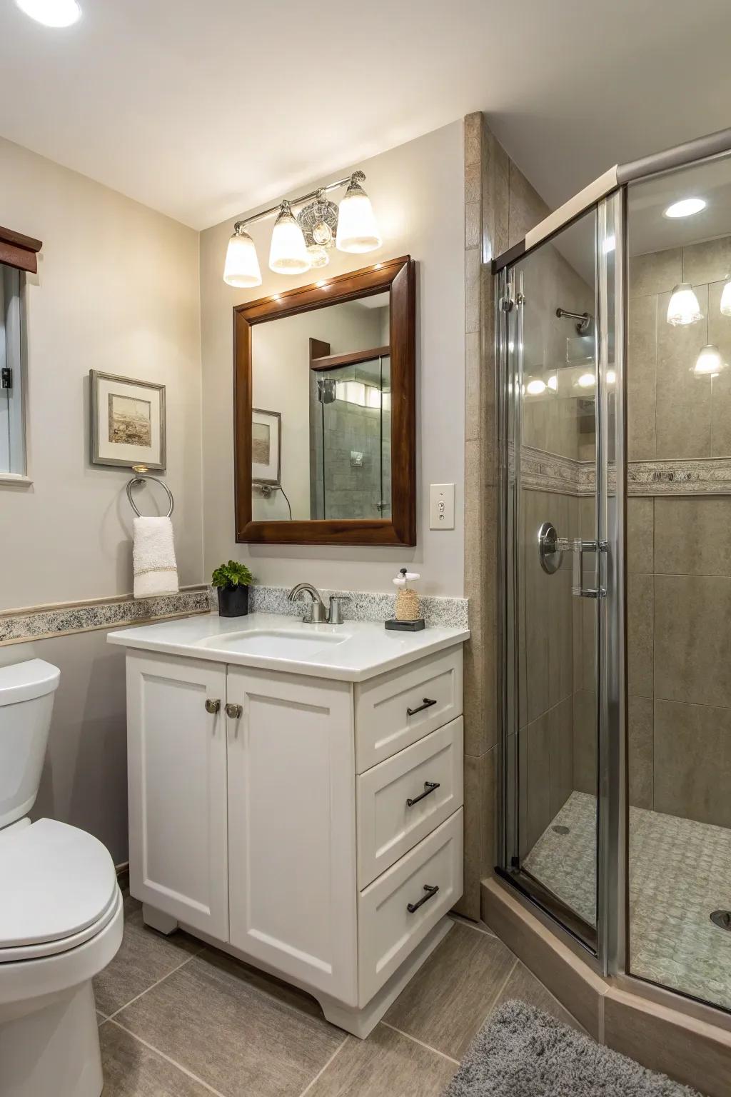 A corner vanity maximizing space and contributing functionality to a compact bathroom.
