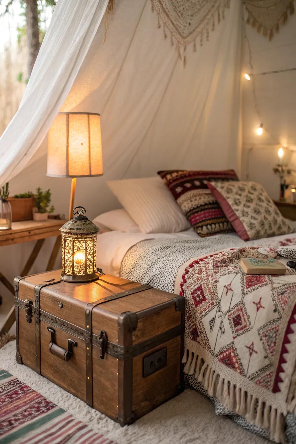 Vintage elements enrich depth and history to this boho bedroom