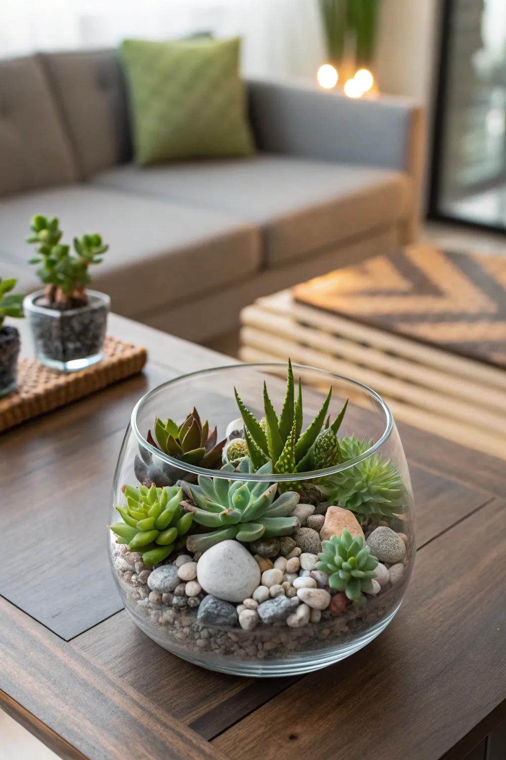 A terrarium centerpiece of a modern design converges art and nature.