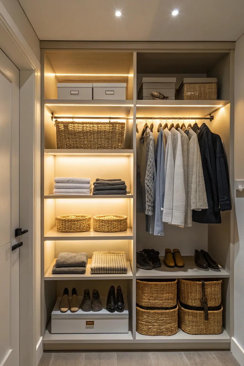 Under-shelf lighting brightens storage areas.